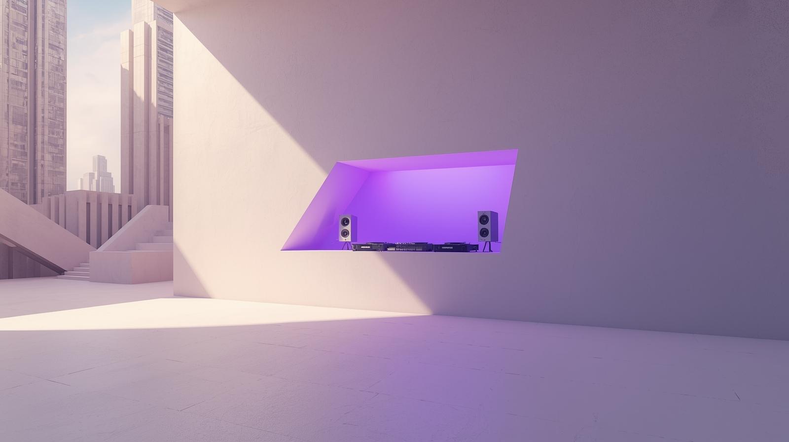 A minimalist and clean photography style, with a minimalist composition, ample negative space, and soft, muted tones creating an uncluttered scene that focuses on form and purple light. A vibra (1)